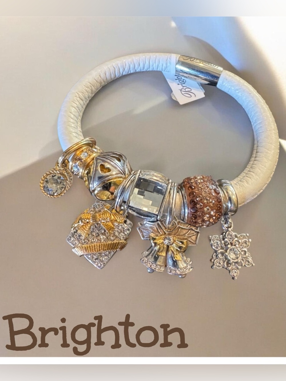 Brighton White Leather Charm Bracelet Mixed Gold/Silver Charms w/ Swarovski Gems